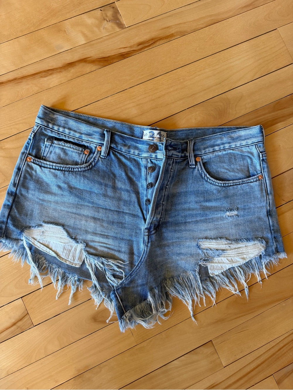 Free People Light Blue Distressed Button-Fly Denim Shorts (Worn Once)